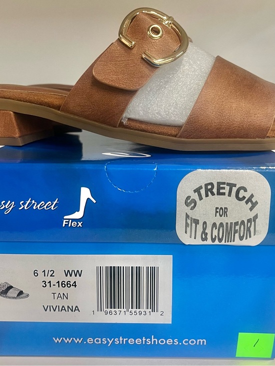 easy street Shoes - Easy Street Tan Slide Mule with Gold Accent Buckle